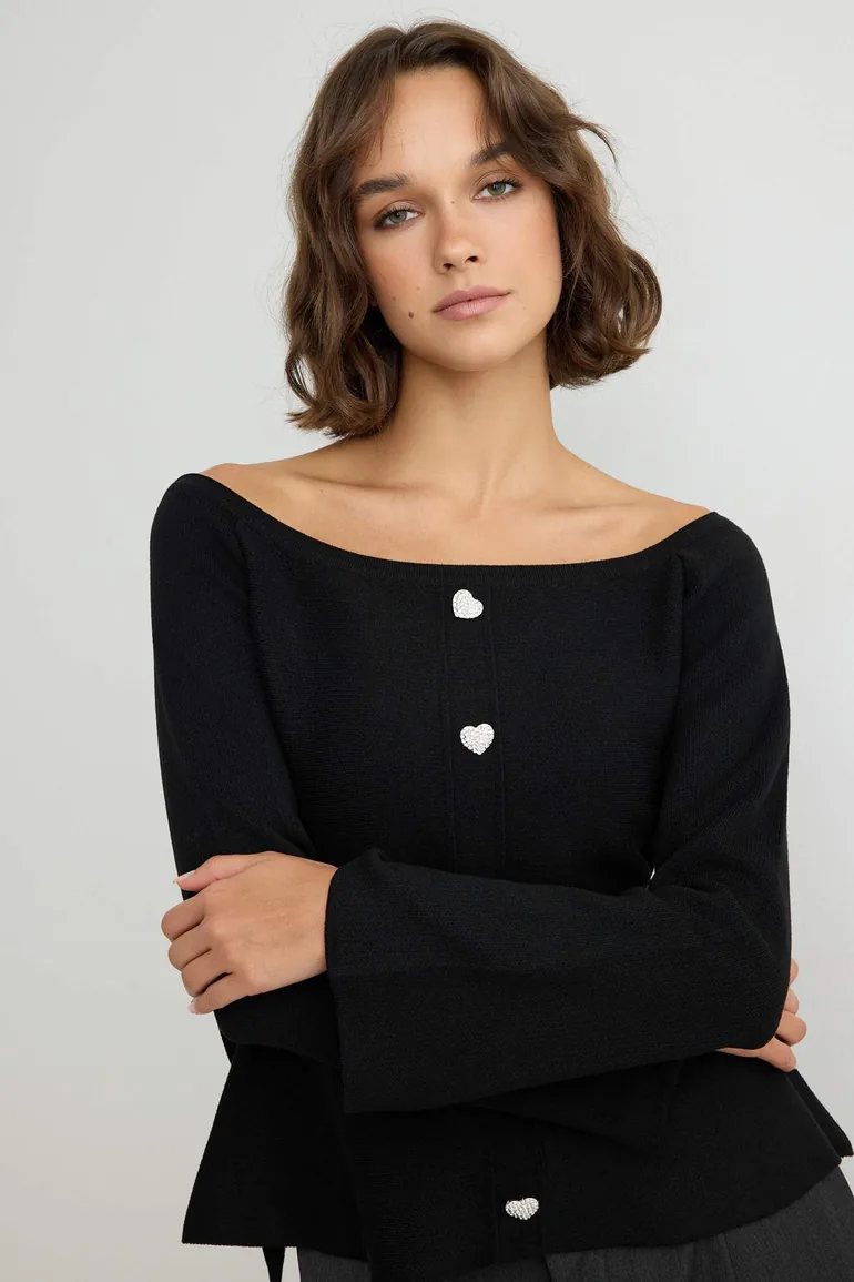 Black Carmen Collar Waist and Belt Detailed Bodycon Knitwear Sweater - 2