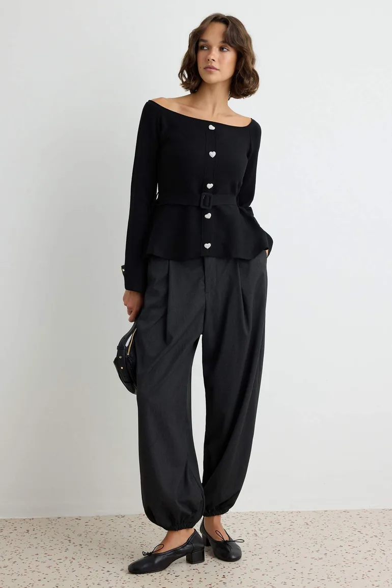Black Carmen Collar Waist and Belt Detailed Bodycon Knitwear Sweater