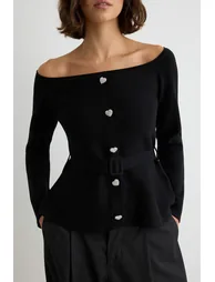 Black Carmen Collar Waist and Belt Detailed Bodycon Knitwear Sweater - 3