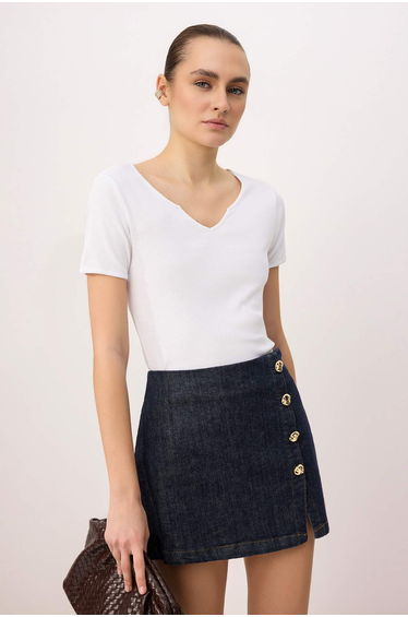 Ecru Plain Fitted Cowl Neck Standard Sleeve Short Cropped Cotton Rib Knit Knitted T-Shirt
