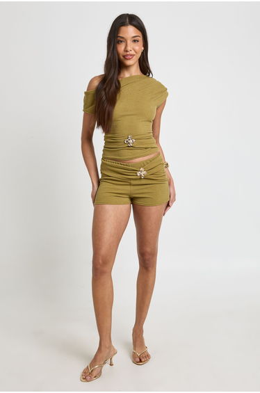 Textured Flower Trim Mini Short - olive