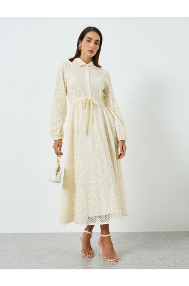 Women Beige Lace Polo Neck Maxi Dress