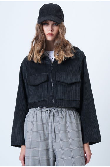 Women's black double pocket raglan sleeve velvet jacket
