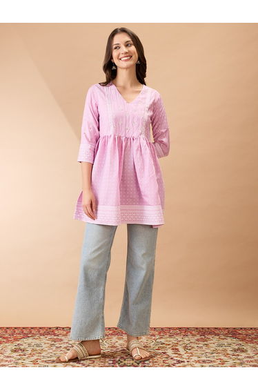 Pink Ethnic Print Sequined Detail Tunic