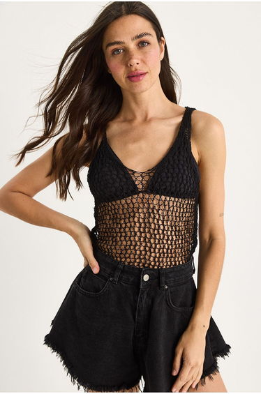 LUCCI Textured Knitwear Crew Neck Blouse with Mesh Detail