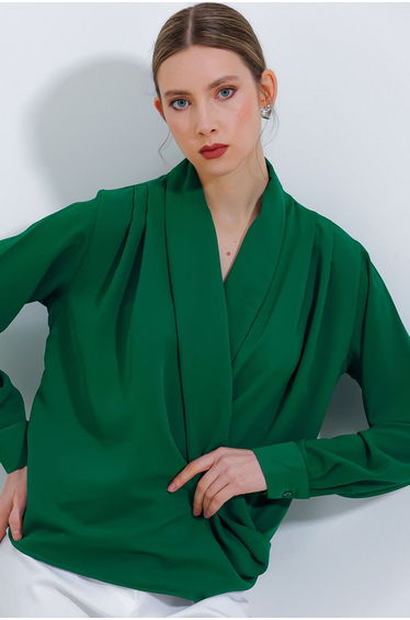 Women's Emerald Green Double Breasted Collar Flowing Satin Blouse