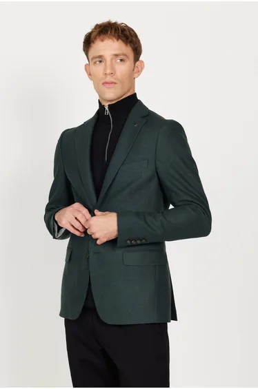 Green Slim Fit Slim Fit Mono Collar Patterned Wool Blazer Jacket