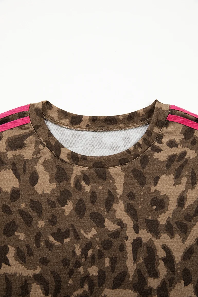 Lvness Brown Loose Contrast Striped Accent Leopard T Shirt Mini Dress with Pockets - 1