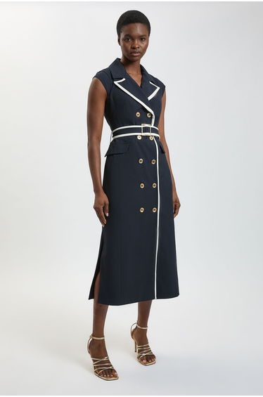 Compact Stretch Double Breasted Belted Tipped Tailored Midi Dress