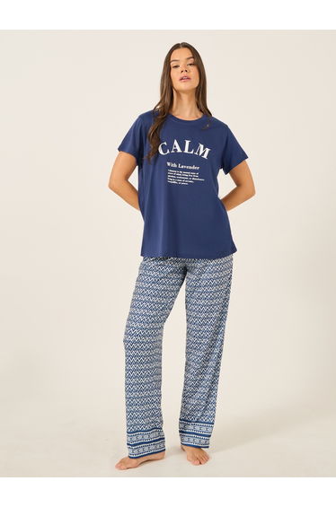 Calm Slogan Print T-Shirt and Aztec Print Pyjama Set
