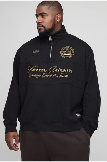 Plus Oversized Boxy Homme Quarter Zip Funnel Neck Sweatshirt - black