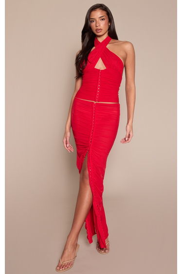 Red Mesh Ruched Maxi Skirt