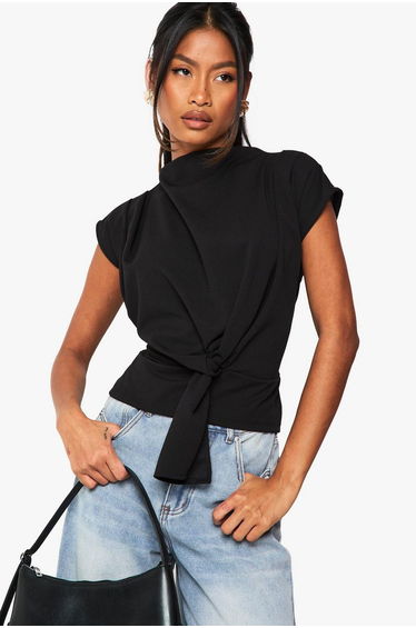 Crepe Knot Cowl Neck Blouse - black