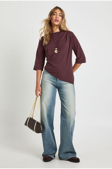 Asymmetric Hem Cinched Waist 3/4 Sleeve T-shirt - chocolate