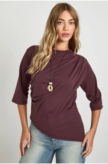 Asymmetric Hem Cinched Waist 3/4 Sleeve T-shirt - chocolate