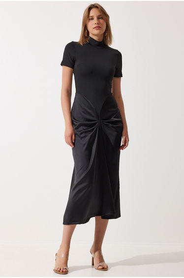 Women's Black Gathered Satin Detailed Stylish Knitted Dress