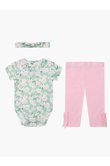 3-Piece Lace Trim Bodysuit, Ribbed Leggings and Headband Set