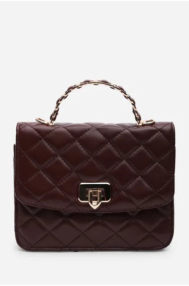 Meadow Quilted Top Handle Bag with Twist Lock in Dark Brown