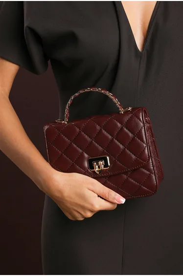 Meadow Quilted Top Handle Bag with Twist Lock in Dark Brown