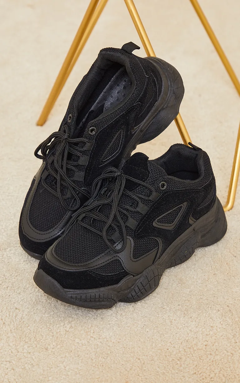 Black WIDE FIT Chunky Bubble Sole Panelled Up Trainers - 2