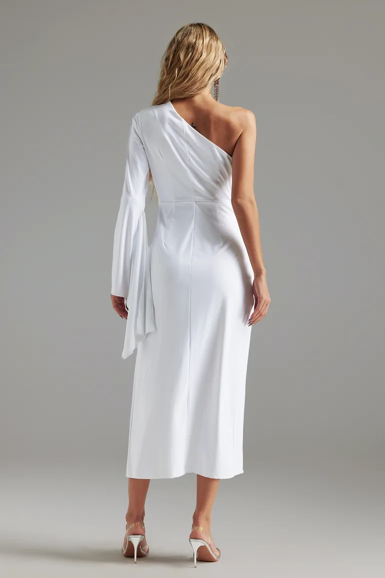 white cut out one shoulder midi dress Lingering Love One-Shoulder Twist Midi Dress White