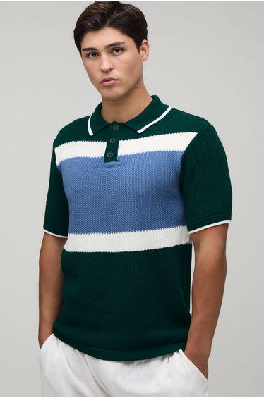 Regular Colour Block Pique Knitted Polo - green