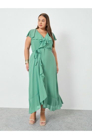 Plus Size Green Ruffled Detail Maxi Dress