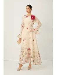 Romantic Marvel Apricot Floral Applique Ruffle Cuff Maxi Dress - 4