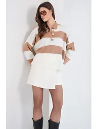 Women's Ecru-Milk Brown Polo Neck Color Block Knitwear Sweater - 3