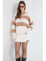 Women's Ecru-Milk Brown Polo Neck Color Block Knitwear Sweater - 1