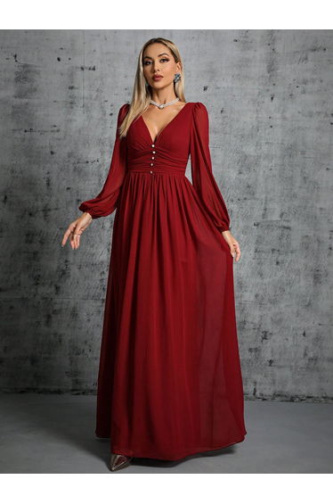 Leely Women's Elegant V Neck Bishop Sleeve A line Dress