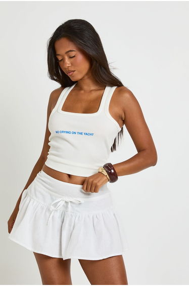 Linen Look Tie Front Mini Skirt - ecru