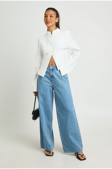 Trim Detail High Collar Blazer - white