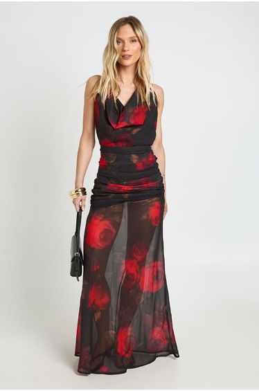 Petite Chiffon Floral Cowl Neck Maxi Dress With Draped Waist Detail - black
