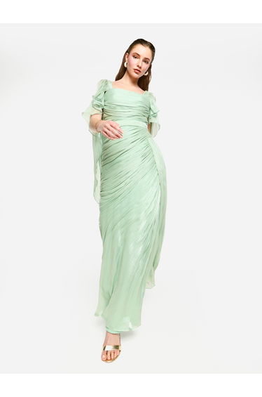 Pleated Cape Sleeves Ruffled Detail Maxi Dress