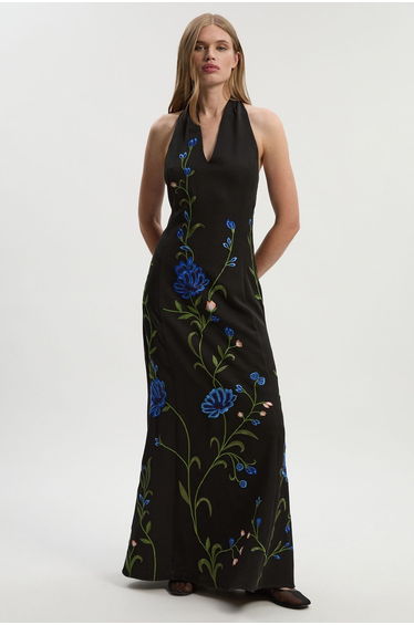 Tall Placed Floral Halter Embroidered Crepe Woven Maxi Dress