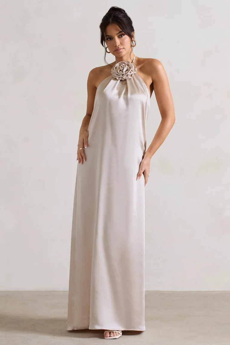 Shop Everleigh | Cream Satin Relaxed Fit Maxi Column Dress With Corsage  Online in Bahrain