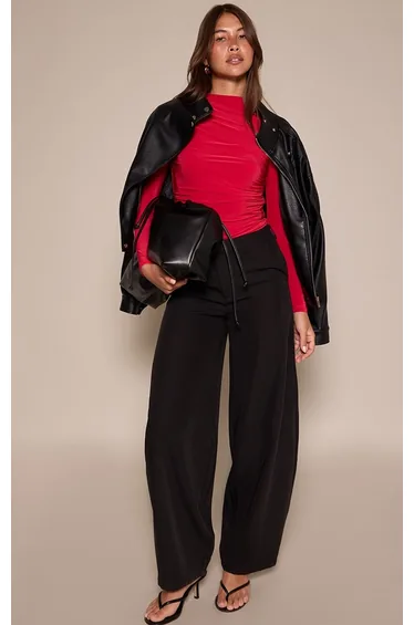 Red Double Layer Slinky Ruched Drape Detail Long Sleeve Bodysuit