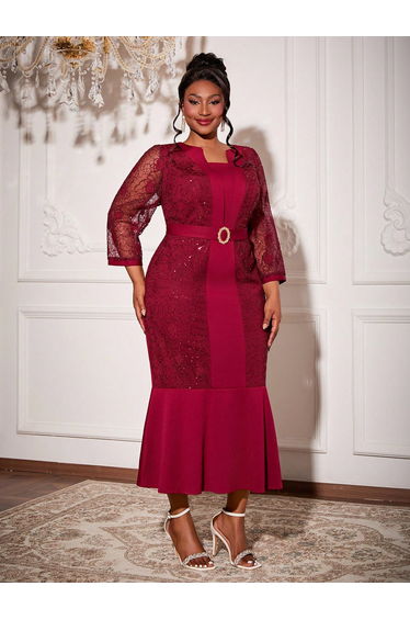Leely Plus Women's Elegant Queen Anne Neckline Three Quarter Length Sleeve Party Dresses