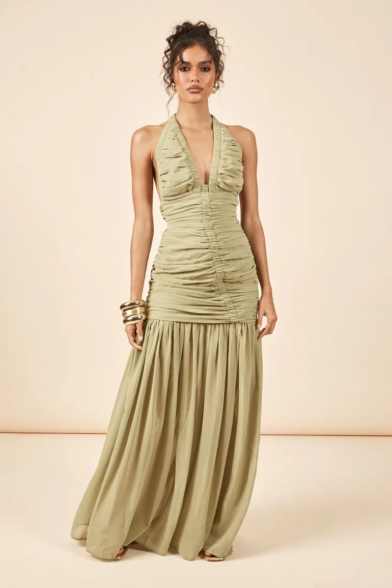 Chiffon Extreme Ruched Plunge Front Maxi Dress - olive - 2