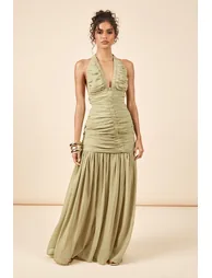 Chiffon Extreme Ruched Plunge Front Maxi Dress - olive - 2