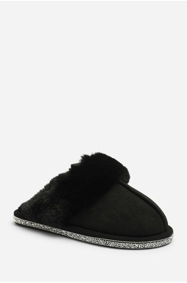 Dovina Diamante Trim Detail Faux Fur Trim Mule Slippers In Black Suede product thumbnail 2