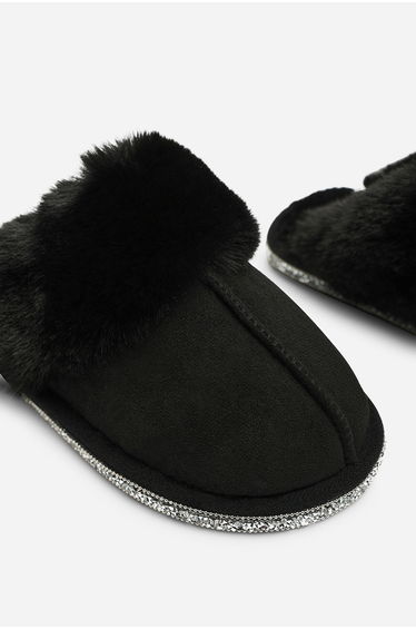 Dovina Diamante Trim Detail Faux Fur Trim Mule Slippers In Black Suede product thumbnail 4