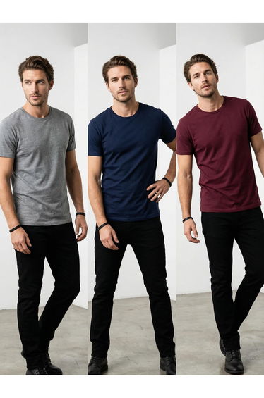 Claret Red-Grey-Navy Blue 3-Pack Slim/Slim Cut Basic 100% Cotton T-shirt