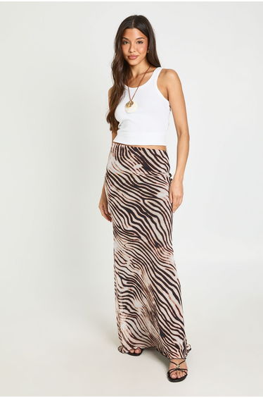 Animal Print Mesh Lined Midi Skirt - brown