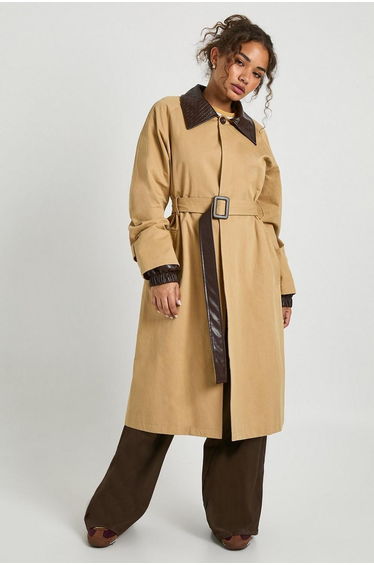 Belted Trench Coat with Contrast Faux Leather Collar - camel