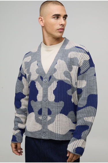 Oversized Boxy Ribbed Camo Knitted Cardigan - grey