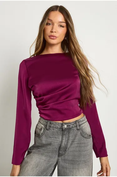 Textured Satin Tie Back Top - plum
