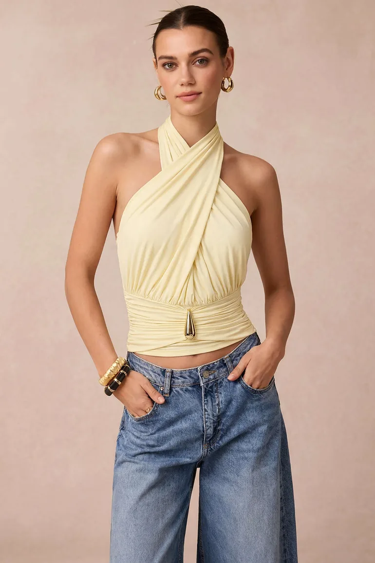Metallic Crossed Halter Neck Backless Ruched Tie-Up Tank Top