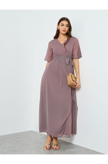 Women V Neck Maxi Dress with Tie-Belt